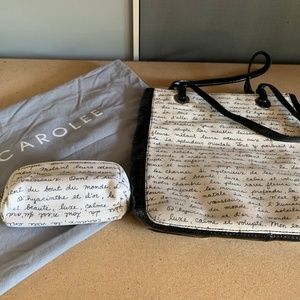 Carolee White canvas tote with matching makeup bag